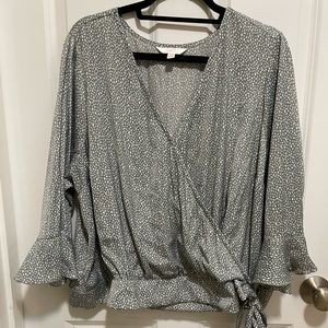 Lauren Conrad wrap top blouse with tie, ruffle sleeve, dots, business casual